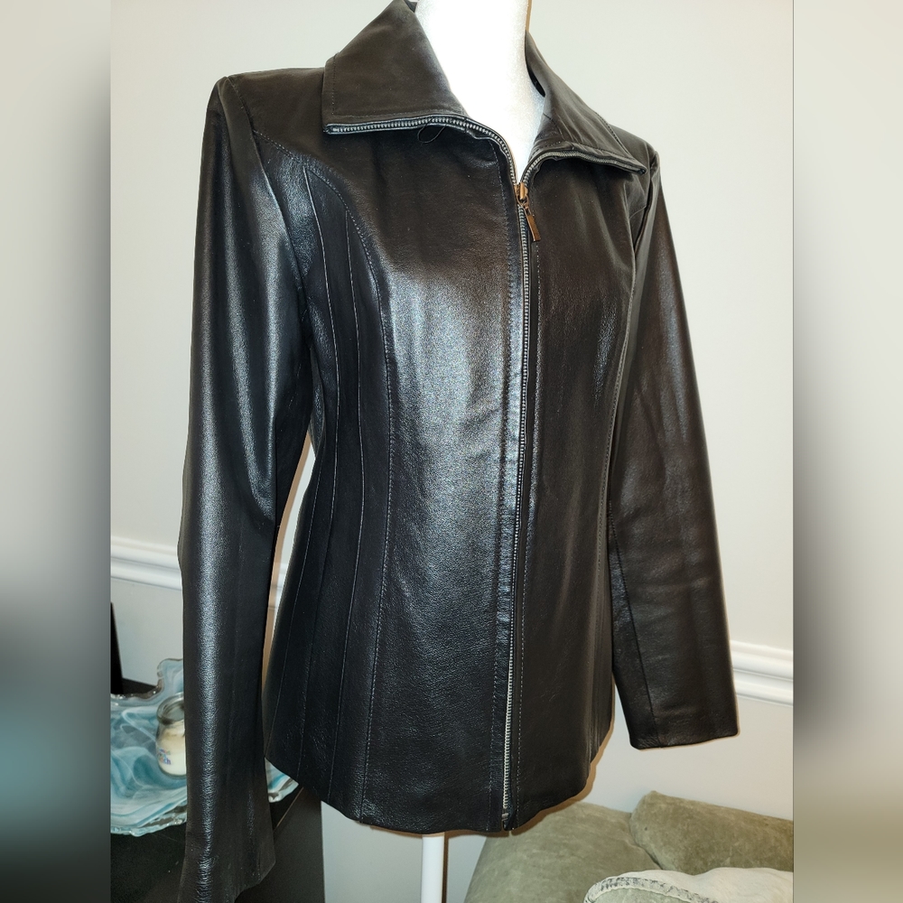 East 5th Black Leather Fitted Jacket With Zipper
